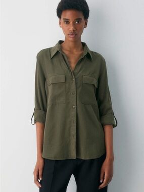 Babaton Olive Button-Front Utility Shirt